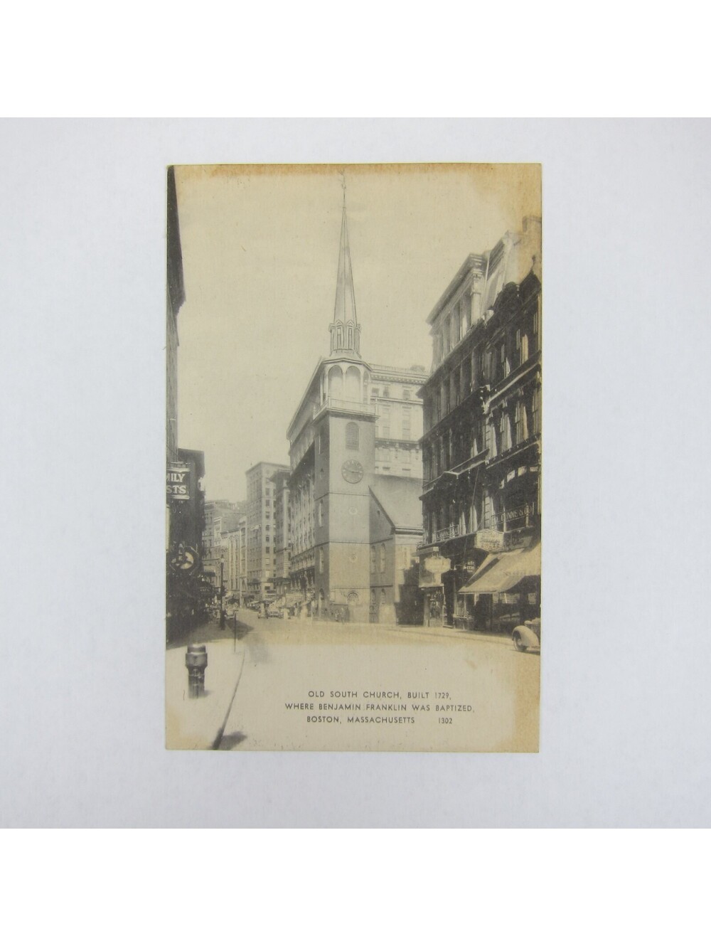 Vintage Collotype Postcard Boston Massachusetts Old South Church Ben Franklin